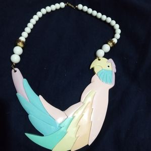 Vintage Sharon Si'ti carved pastel color painted Parot and Bead Necklace.